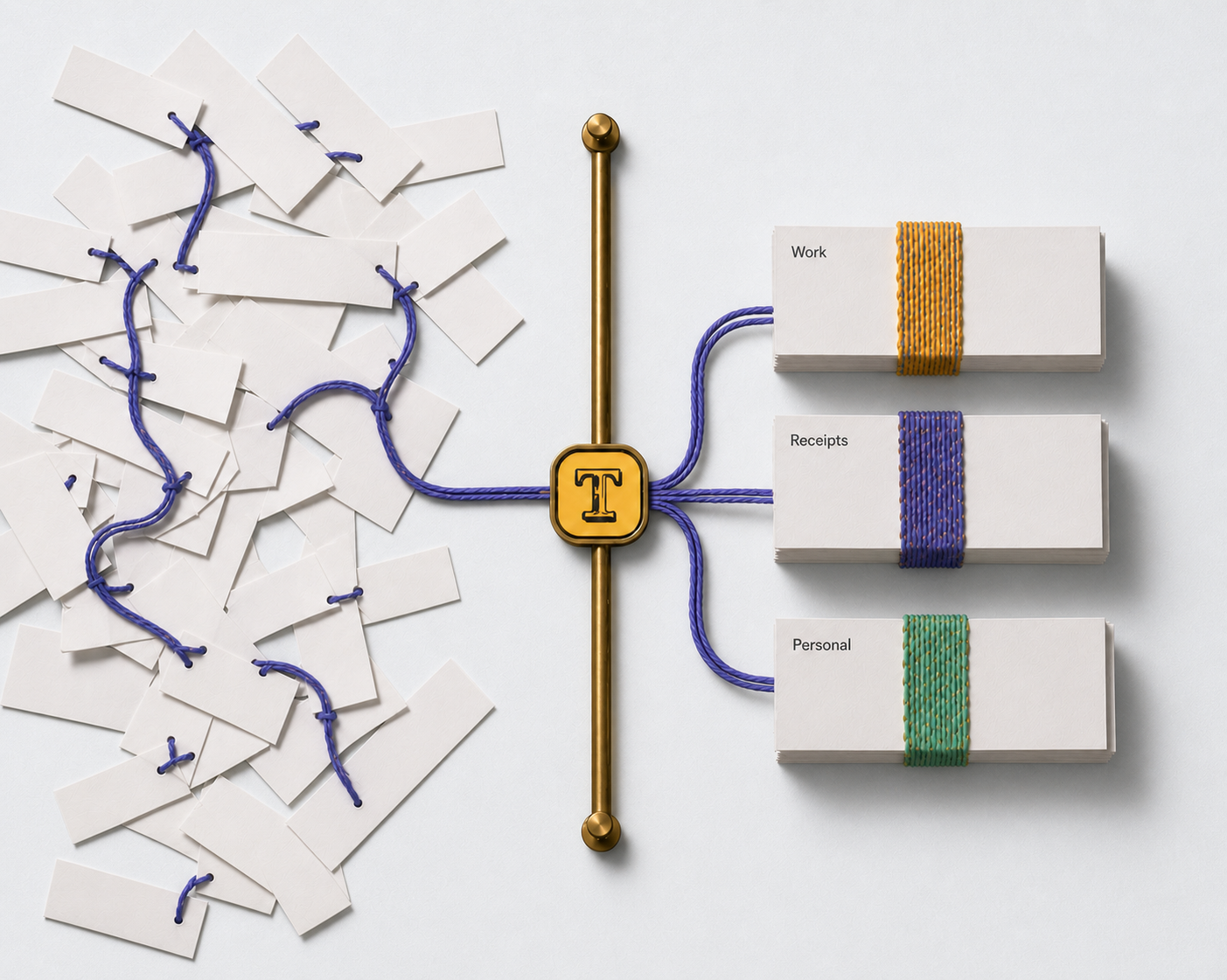 A mass of email slips threaded through Threadwise into Work, Receipts, and Personal bundles.