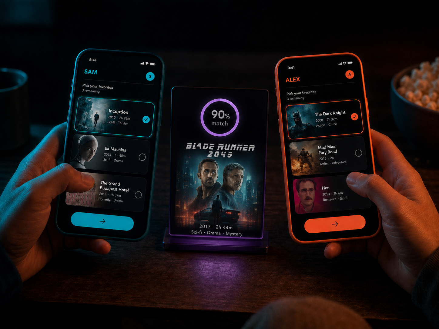 WatchSignal showing two private preferences converging on a shared movie result.